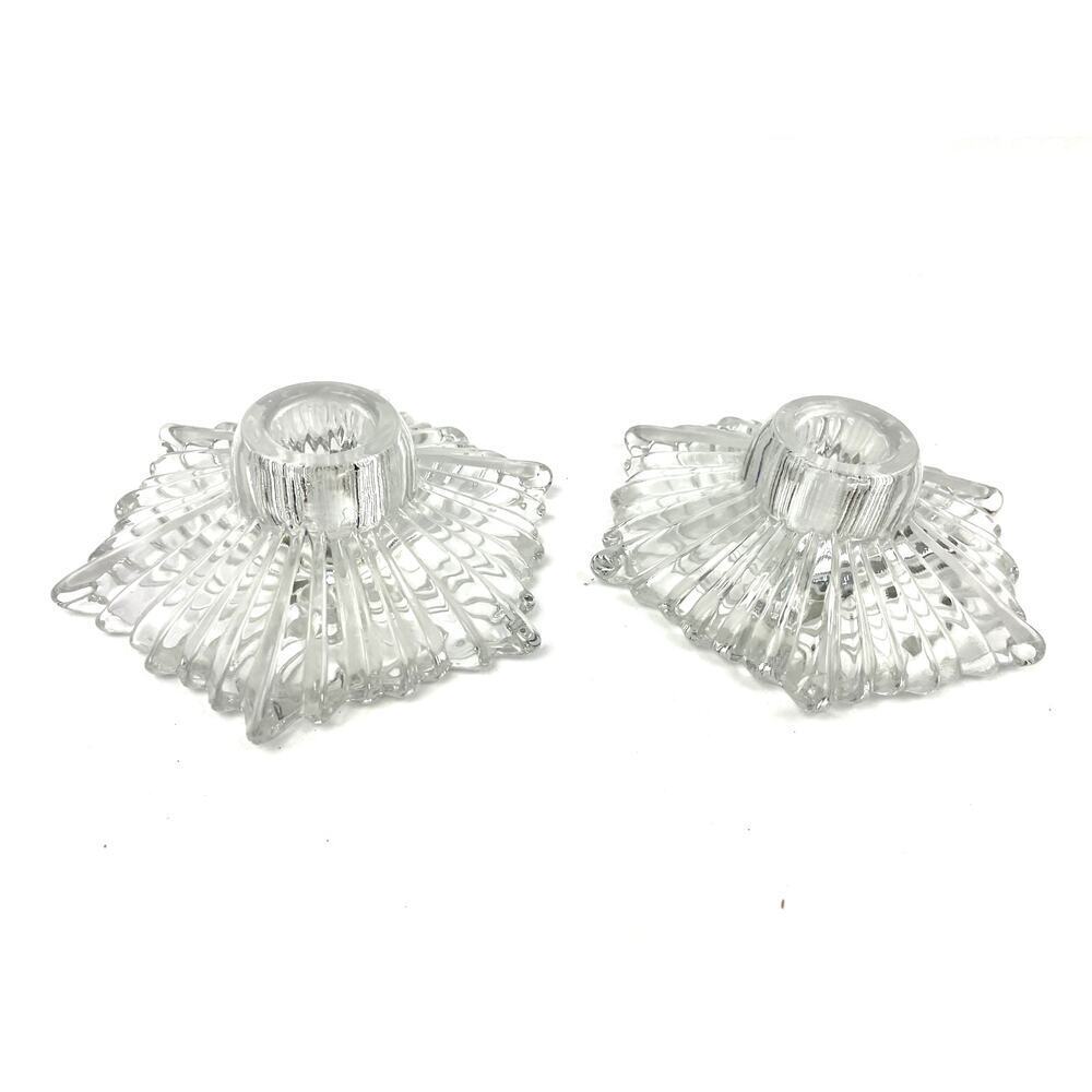 VTG Clear Pressed Glass Candle Holder Starburst Pattern MCM Art Deco Lot of 2